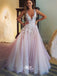 Lace Appliques V-Neck Tulle A-line Backless Long Evening Party Prom Dress, PD0055