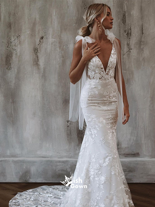 Bowknot Deep V-neck Spaghetti Strap Mermaid Dreaming Long Wedding Dress WGB003