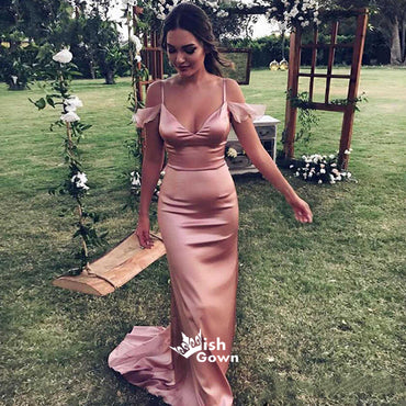 Dusty Rose Off Shoulder Spaghetti Strap Satin Mermaid Wedding Guest Bridesmaid Dresses, WGM028