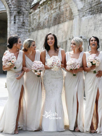 V-Neck Chiffon Pleats Sleeveless Floor-length Side Split Bridesmaid Dresses, WGM044