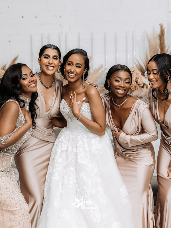 Gorgeous Champagne Gold Multiple Types Pleats Satin Mermaid Bridesmaid Dresses, WGM066