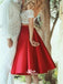 Two Pieces Red Tea-length White Lace Top Off Shoulder Cocktail Homecoming Prom Dress, WGP048