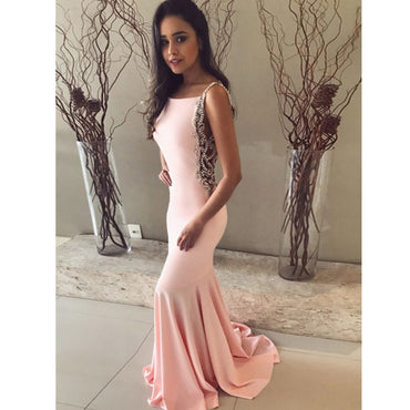 Elegant Open Back Pink Sexy Mermaid Cheap Long Evening Prom Dresses, WG1071 - Wish Gown