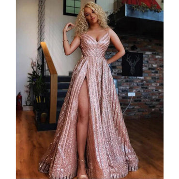 Spaghetti Strap Sparkle A Line Side Slit Long Prom Dresses, SG159