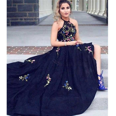 Halter Navy Formal A Line Cheap Long Prom Dresses, SG113
